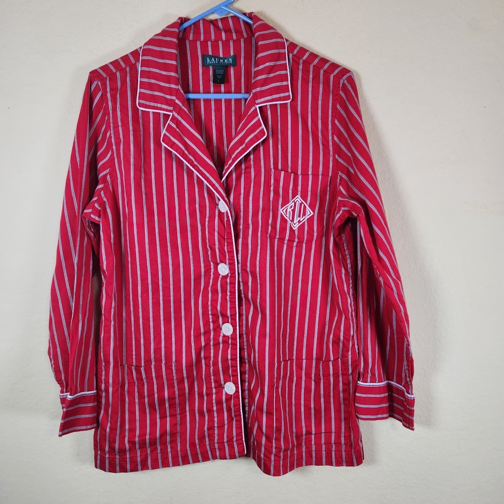Lauren Ralph Lauren Womens Red Striped Cotton Pajama Top‎ Monogram Large L